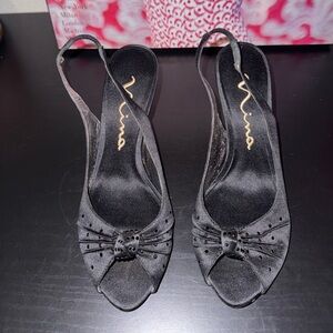 Vintage Nina Black Kitten Heel Slingbacks with Bow